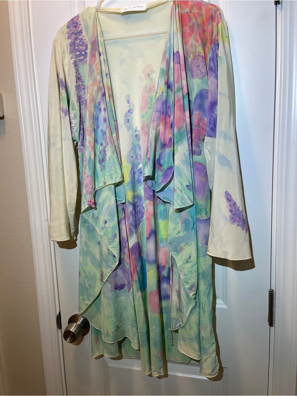 Pastel Watercolor Ruffle-Front Tunic Cardigan - Multi - Picture 3 of 4